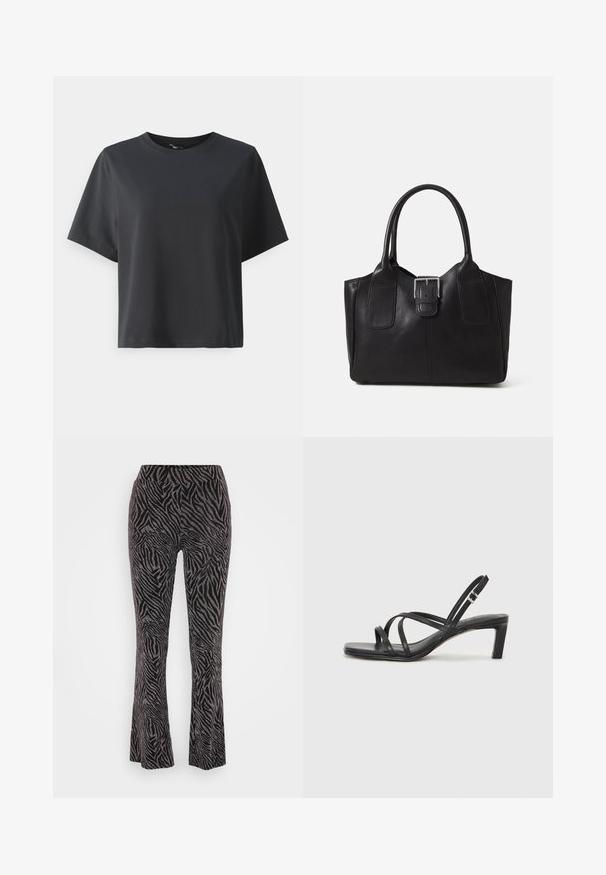Fekete pamut póló, rövid ujjú, kerek nyakkivágású, laza szabású, sima textúrájú, egyszerű design, minta vagy kiegészítők nélkül.; Fekete, csíkos bő szárú nadrág zebra mintázattal, puha textúrával és kényelmes, rugalmas derékkal rendelkezik.; Fekete pántos szandál négyzetes orral és alacsony blokk sarkal. Több vékony pánttal és állítható boka pánttal rendelkezik. Sima bőrből készült.; Fekete bőr bevásárlótáska sima textúrával, strukturált formával, két fogantyúval és egy figyelemfelkeltő ezüst csattal az elején.