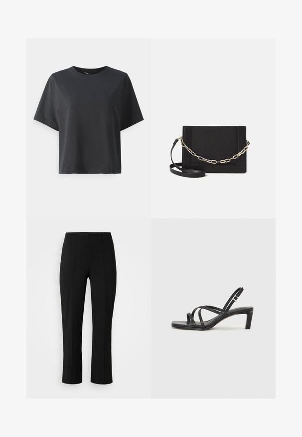 T-shirt di cotone nero, maniche corte, collo a giro, vestibilità comoda, texture liscia, design semplice, senza motivi o dettagli.; Vero Moda Curve VMCBECKY PULL ON - Pantaloni - black; Sandalo nero con cinturini, dalla punta squadrata e tacco basso a blocco. Presenta diversi cinturini sottili e una cinturini regolabile alla caviglia. Realizzato in pelle liscia.; Borsa a tracolla nera in pelle con una texture liscia, forma rettangolare e dettaglio in catena metallica sul davanti. Inclusa una tracolla regolabile.; Anello doppio in argento con superficie liscia e lucida. Presenta un design fluido e curvo con sezioni sovrapposte per un aspetto moderno.