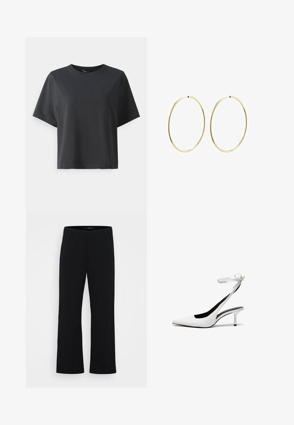 Black cotton t-shirt, short sleeves, crew neck, relaxed fit, smooth texture, simple design, no patterns or accents.; Black, wide-leg pants made of soft fabric. Features an elastic waistband and a smooth texture. No visible patterns or accents.; White pointed-toe slingback heels with a thin ankle strap. Smooth leather material, thin stiletto heel, and a black interior lining.; Gold hoop earrings with a smooth, rounded design. Thin and lightweight, featuring a continuous loop without any embellishments.