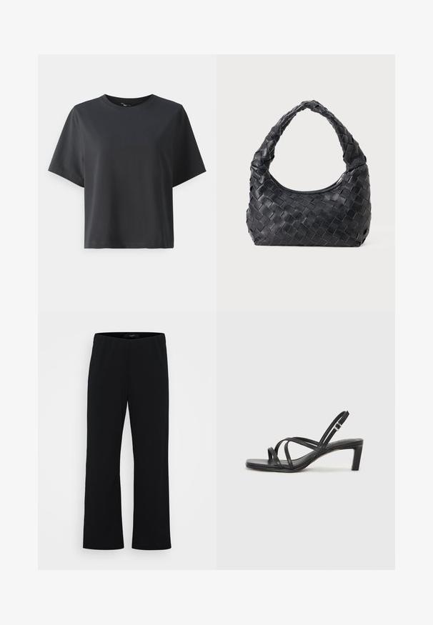 Juodas medvilnės marškinėliai, trumpomis rankovėmis, apvaliu kaklu, laisvas kirpimas, lygus paviršius, paprastas dizainas, be raštų ar akcentų.; Juodos plačios kelnės, pagamintos iš minkštos medžiagos. Turi elastinę juostą ir lygią tekstūrą. Be matomų raštų ar akcentų.; Juodi šlepetės su kvadratiniu pirštu ir žemu bloku kulnu. Yra keli ploni dirželiai ir reguliuojamas kulkšnies diržas. Pagaminti iš lygios odos.; Juodas odinis pintas peties krepšys su apvaliu rankena ir pusmėnulio formos korpusu ant lygaus fono.; Sidabrinis dvigubas žiedas su lygiu, poliruotu paviršiumi. Pasižymi sklandžiu, kreiptu dizainu su persipinančiomis dalimis, suteikiančiomis modernų išvaizdą.