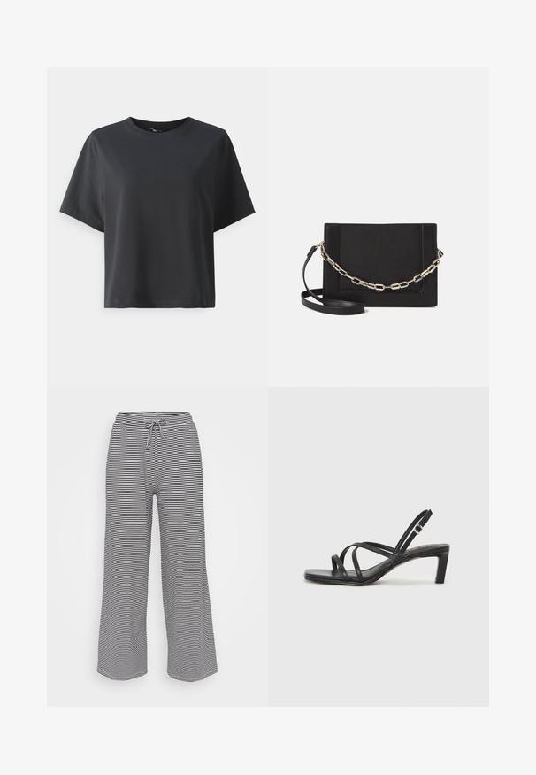 Svart bomull T-skjorte, korte ermer, rund hals, avslappet passform, jevn tekstur, enkel design, ingen mønstre eller aksenter.; Vide benbukser laget av myk stoff med horisontale svart og hvite striper, med elastisk midje og snor for justerbar passform.; Sorte sandaler med stropper, firkantet tå og lav blokk hæl. Har flere tynne stropper og en justerbar ankelstropp. Laget av glatt lær.; Svart lær crossbody-veske med glatt tekstur, rektangulær form og metallkjede detaljer på framsiden. Justerbar stroppe inkludert.