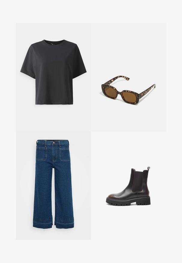 Svart bomull T-skjorte, korte ermer, rund hals, avslappet passform, jevn tekstur, enkel design, ingen mønstre eller aksenter.; GAP Petite STRIDE ANKLE GIBBONS - Wide leg - dark indigo; Brune lær ankle boots med elastiske sidepaneler, chunky sort gummisål, rund tå, kontrasterende syninger og trækstrop bagpå.; Skilpaddeskall solbriller med en rund, kraftig ramme og brune linser. Har subtile mønstre og rett, avsmalnende armer.