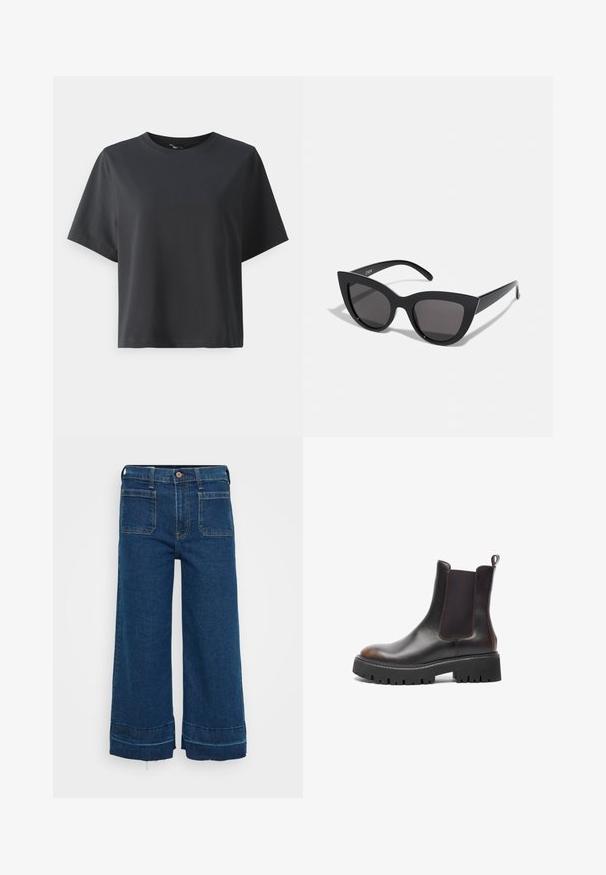 Mustat puuvillapaita, lyhyet hihat, pyöreä kaula-aukko, rento istuvuus, sileä pinta, yksinkertainen muotoilu, ilman kuvioita tai koristeita.; GAP Petite STRIDE ANKLE GIBBONS - Leveälahkeiset - dark indigo; Ruske nahke gležnjače z elastičnimi stranskimi paneli, debelim črnim gumijastim podplatom, zaobljenim prstom, kontrastnim šivom in zanka na hrbtni strani.; Mustat kissansilmäaurinkolasit, joissa on matta pinta, harmaansiniset linssit, terävät kulmat ja tyylikkäät sivuvarret. Brändin nimi näkyy sisävarsissa.