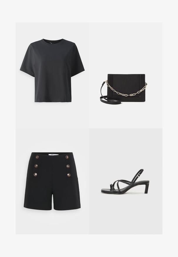 Melnas kokvilnas t-krekls, īsām piedurknēm, apaļš kakls, brīvs piegriezums, gluda tekstūra, vienkāršs dizains, bez rakstiem vai akcentiem.; Melnas šorts, kas izgatavoti no teksturēta auduma, ar augstu jostasvietu, zelta pogu akcentiem un divām priekšējām kabatām.; Melnas strappy sandales ar kvadrātveida purngaliem un zemu bloku papēdi. Ievērojamas ar vairākiem plāniem siksniņām un regulējamu potītes siksniņu. Izgatavotas no gludas ādas.; Melna ādas crossbody soma ar gludu faktūru, taisnstūrveida formu un metalizētu ķēdes detaļu priekšā. Iekļauta regulējama siksna.
