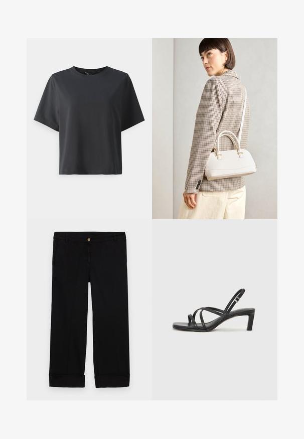 Čierne bavlnené tričko, krátke rukávy, okrúhly výstrih, voľný strih, hladká textúra, jednoduchý dizajn, bez vzorov alebo akcentov.; Čierne bavlnené nohavice so strihom rovného nohavica, ktoré majú predné vrecká, zlaté zapínanie na gombík a ohrnuté manžety. Hladká textúra.; Čierne sandále na vysokom podpätku so štvorcovou špičkou a nízkym blokovým podpätkom. Obsahujú viacero tenkých popruhov a nastaviteľný členkový popruh. Vyrobené z hladkej kože.; Biela štruktúrovaná kabelka s krátkymi rúčkami a ramenným popruhom, s zlatými kovovými prvkami a textúrovaným materiálom, vystavená na šedom pozadí.