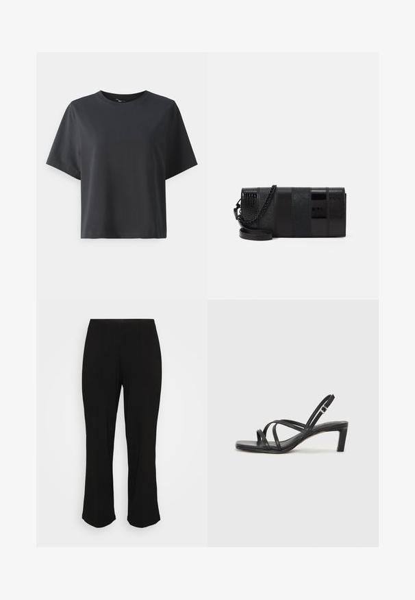 Čierne bavlnené tričko, krátke rukávy, okrúhly výstrih, voľný strih, hladká textúra, jednoduchý dizajn, bez vzorov alebo akcentov.; Čierne rozšírené nohavice s hladkým povrchom a jemnými záhybmi, vystavené na jednofarebnom bielom pozadí.; Čierne sandále na vysokom podpätku so štvorcovou špičkou a nízkym blokovým podpätkom. Obsahujú viacero tenkých popruhov a nastaviteľný členkový popruh. Vyrobené z hladkej kože.; Čierna taška na doplnky so zmiešanými lesklými a textúrovanými panelmi s reťazovým popruhom. Obdĺžnikový tvar so hladkým povrchom a jemnými akcentmi.