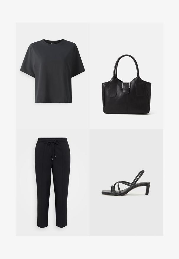 Tricou negru din bumbac, mâneci scurte, guler rotund, croială lejeră, textură netedă, design simplu, fără modele sau accente.; Pantaloni de trening negri, cu un tiv reglabil la talie, cu o croială ajustată și două cusături laterale. Material moale și neted, fără modele sau embellishments vizibile.; Sandal cu barete negre, cu vârf pătrat și toc mic de bloc. Prezintă mai multe barete subțiri și o bareta ajustabilă la gleznă. Fabricat din piele netedă.; Geantă tote din piele neagră cu textură netedă, formă structurată, două mânere și un detaliu proeminent din aliaj de argint pe partea din față.