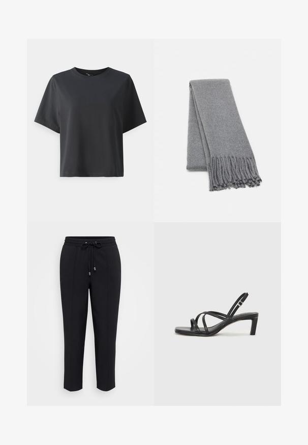 Melnas kokvilnas t-krekls, īsām piedurknēm, apaļš kakls, brīvs piegriezums, gluda tekstūra, vienkāršs dizains, bez rakstiem vai akcentiem.; Melni sporta bikses ar savelkamu jostasvietu, sašaurinātu griezumu un divām sānu šuvēm. Mīksta, gluda auduma virsma bez redzamām rakstu vai rotājumu detaļām.; Melnas strappy sandales ar kvadrātveida purngaliem un zemu bloku papēdi. Ievērojamas ar vairākiem plāniem siksniņām un regulējamu potītes siksniņu. Izgatavotas no gludas ādas.; Pelēks vilnas šalle ar mīkstu tekstūru, ar frizētām malām un vienkāršu dizainu. Kārtota kārtīgi, izceļot tās izstiepto formu.
