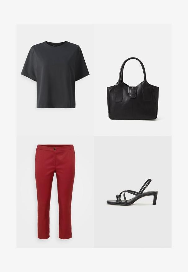 Juodas medvilnės marškinėliai, trumpomis rankovėmis, apvaliu kaklu, laisvas kirpimas, lygus paviršius, paprastas dizainas, be raštų ar akcentų.; Raudoni pritaikyti kelnes su glotnia medžiaga, su priekiniais sagčių užtrauktukais ir tiesiomis kojomis, sukurtos suaptikimui.; Juodi šlepetės su kvadratiniu pirštu ir žemu bloku kulnu. Yra keli ploni dirželiai ir reguliuojamas kulkšnies diržas. Pagaminti iš lygios odos.; Juodas odinis nešiojamas krepšys su lygiu paviršiumi, struktūrine forma, dviem rankenėlėmis ir ryškiu sidabriniu sagties akcentu priekyje.; Sidabriniai auskarai-žiedai su lygiu, apvaliu dizainu ir blizgiu paviršiumi. Jie yra ploni ir lengvi, turintys paprastą užsegimą.