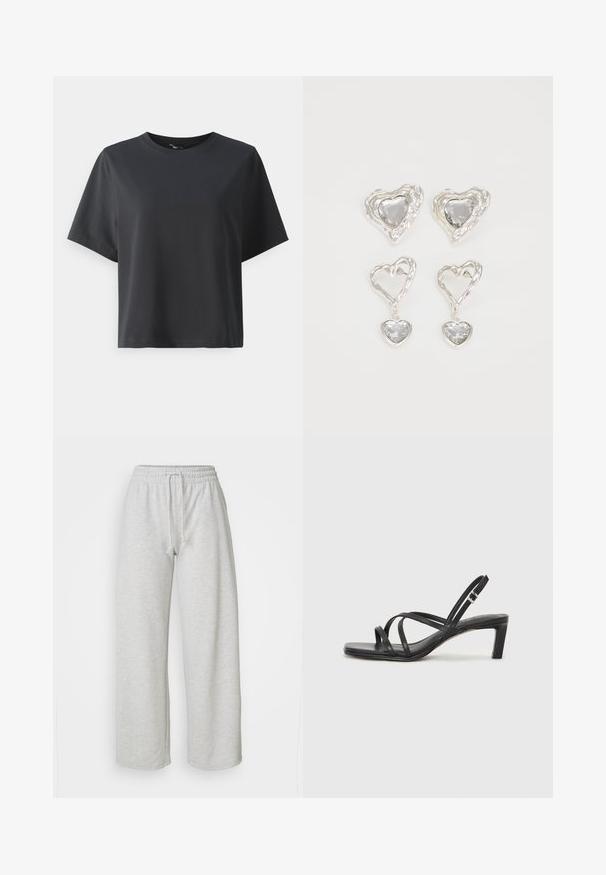 Svart bomull T-skjorte, korte ermer, rund hals, avslappet passform, jevn tekstur, enkel design, ingen mønstre eller aksenter.; Even&Odd Petite Joggebukse - mottled light grey; Sorte sandaler med stropper, firkantet tå og lav blokk hæl. Har flere tynne stropper og en justerbar ankelstropp. Laget av glatt lær.; Sølv hjerteformede øredobber har fasetterte klare steiner med en teksturert ramme. Sett inkluderer både stud- og hengende stiler.