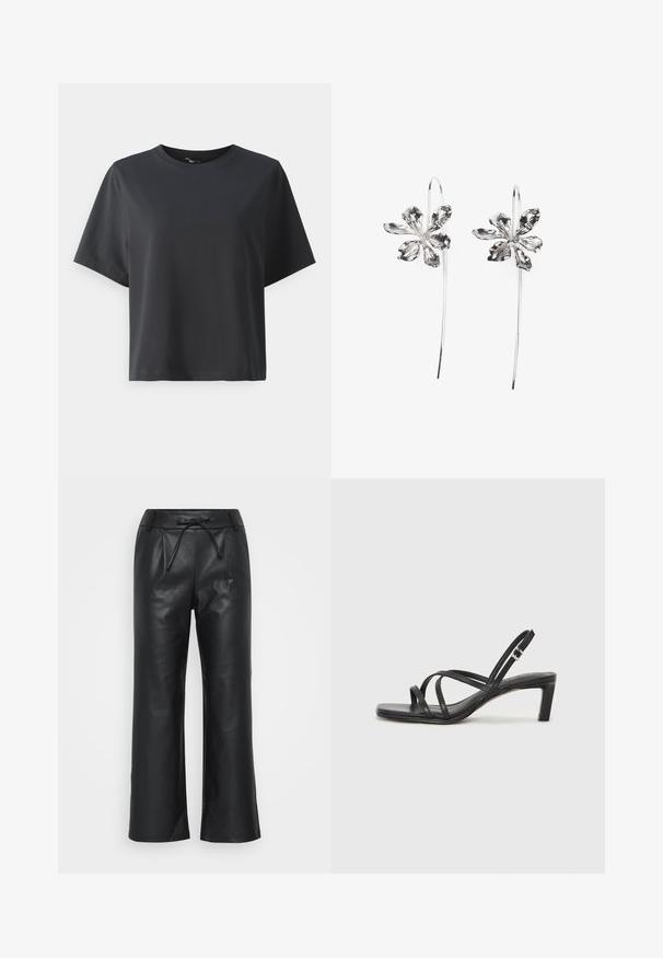 Zwarte katoenen t-shirt, korte mouwen, ronde hals, losse pasvorm, gladde textuur, eenvoudig ontwerp, geen patronen of accenten.; Zwarte leren broek met een losse pasvorm, een verstelbare taille met koord en subtiele plooien. De soepele textuur en het brede benenzij ontzien het draagcomfort en de stijl.; Zwarte sandaal met bandjes, vierkante teen en een lage blokhak. Voorzien van meerdere dunne bandjes en een verstelbare enkelband. Gemaakt van zacht leer.; Zilveren oorbellen in de vorm van bloemen met een gestructureerde afwerking, voorzien van lange haken en bloembladen-achtige details voor een ingewikkeld ontwerp.