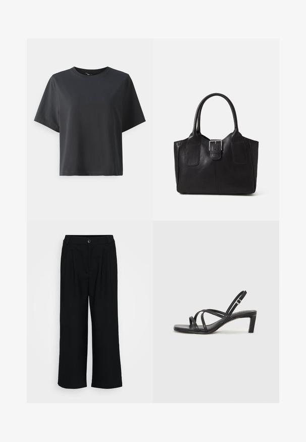 Mustat puuvillapaita, lyhyet hihat, pyöreä kaula-aukko, rento istuvuus, sileä pinta, yksinkertainen muotoilu, ilman kuvioita tai koristeita.; Mustat leveälahkeiset housut, joissa on sileä kangas, etupleissejä, vyötärö, jossa on nappisulku, ja ilmava siluetti.; Mustat hihnalligat, joissa on neliön muotoinen kärki ja matala lohkokorko. Ominaisuuksiin kuuluu useita ohuita hihnoja ja säädettävä nilkkahihna. Valmistettu sileästä nahasta.; Musta nahkainen olkalaukku, jossa on sileä pinta, ryhdikäs muoto, kaksi kahvaa ja silmienpistävä hopeinen solkiyksityiskohta edessä.