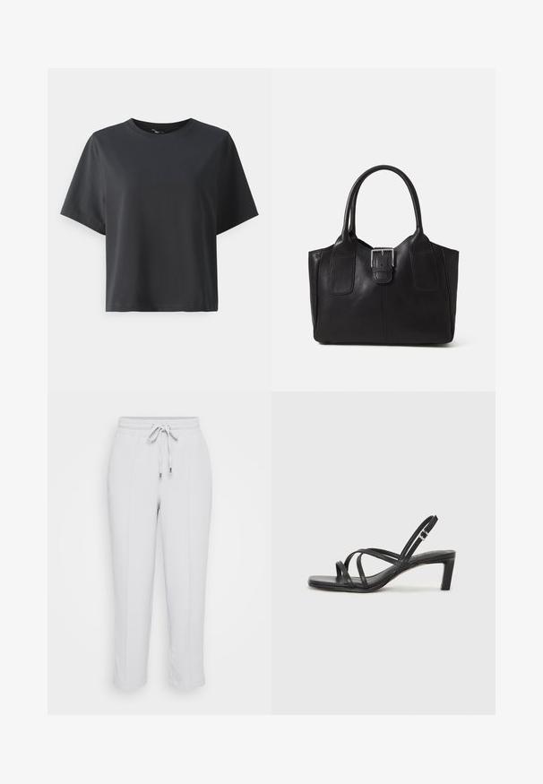 Fekete pamut póló, rövid ujjú, kerek nyakkivágású, laza szabású, sima textúrájú, egyszerű design, minta vagy kiegészítők nélkül.; Világosszürke, rugalmas derekú nadrág állítható zsinórral, két oldalsó zsebbel és taperd láb kialakítással. Sima szövet textúra.; Fekete pántos szandál négyzetes orral és alacsony blokk sarkal. Több vékony pánttal és állítható boka pánttal rendelkezik. Sima bőrből készült.; Fekete bőr bevásárlótáska sima textúrával, strukturált formával, két fogantyúval és egy figyelemfelkeltő ezüst csattal az elején.