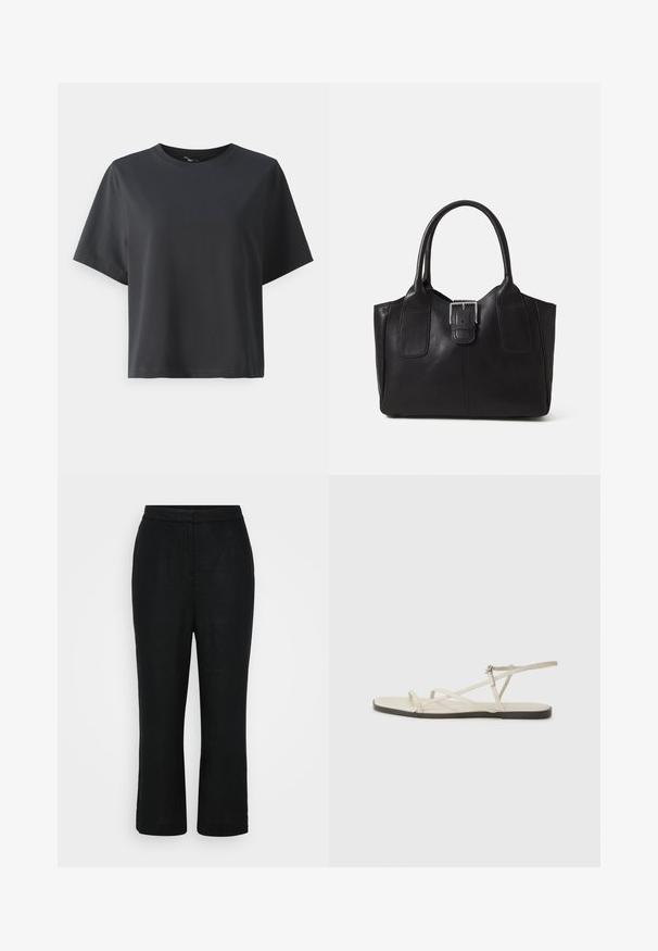 T-shirt en coton noir, à manches courtes, col ras du cou, coupe décontractée, texture lisse, design simple, sans motifs ni accents.; Pantalons en lin noir avec une coupe droite, taille mi-haute et longueur raccourcie, présentant une texture lisse et sans fermetures visibles.; Sandale plate beige avec plusieurs fines lanières et une boucle réglable. La semelle est plate avec un léger contraste sombre sur le bord.; Sac fourre-tout en cuir noir avec une texture lisse, une forme structurée, deux poignées et un détail en boucle argentée proéminent à l'avant.