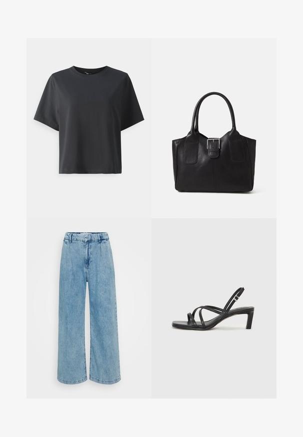 Juodas medvilnės marškinėliai, trumpomis rankovėmis, apvaliu kaklu, laisvas kirpimas, lygus paviršius, paprastas dizainas, be raštų ar akcentų.; Šviesiai mėlyni džinsiniai platėjančių kojų kelnės su aukštu juosmeniu, turinčios klostes, lygų paviršių ir baigtas briaunas.; Juodi šlepetės su kvadratiniu pirštu ir žemu bloku kulnu. Yra keli ploni dirželiai ir reguliuojamas kulkšnies diržas. Pagaminti iš lygios odos.; Juodas odinis nešiojamas krepšys su lygiu paviršiumi, struktūrine forma, dviem rankenėlėmis ir ryškiu sidabriniu sagties akcentu priekyje.