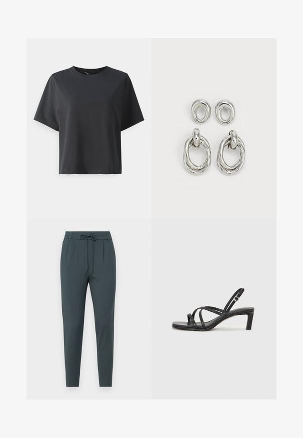Fekete pamut póló, rövid ujjú, kerek nyakkivágású, laza szabású, sima textúrájú, egyszerű design, minta vagy kiegészítők nélkül.; Sötétzöld, tapered fazonú nadrág sima anyagból, húzózsinórral ellátott derékrésszel és két elülső plisével a további dizájn érdekében.; Fekete pántos szandál négyzetes orral és alacsony blokk sarkal. Több vékony pánttal és állítható boka pánttal rendelkezik. Sima bőrből készült.; Ezüst árnyalatú fém fülbevalók, melyek két különböző dizájnnal rendelkeznek: egy csavart kör alakú karika és egy sima kör alakú stift. A fényes felület fokozza az eleganciát.