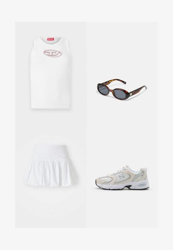 Fehér ujjatlan trikó, amelyen egy világos rózsaszín hímzett Diesel logó található a mellrészen. Puha pamutból készült, sima tapintású.; Fehér, bő szabású szoknya, könnyű anyagból készült, ráncolt dizájnnal és kényelmes, gumis derékkal. Nincsenek látható minták vagy díszítések.; Sportcipő, amely világosszürke hálós felsőrésszel és velúr részletekkel rendelkezik, fehér fűzőkkel és fekete gumitalppal. Kiemelkedő ABZORB párnázás részlet.; Barna teknős páncél mintás napszemüveg ovális lencsékkel és sötétszürke árnyalattal. Arany színű díszítés a szárakon. Simaságának köszönhetően kellemes műanyag textúra.