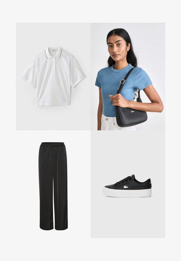 Fehér rövid ujjú póló, gombos gallérral, zöld és sárga gallér kiemelésekkel, valamint oldalsó hálós részletekkel. LACOSTE logó látható.; Fekete selyem nadrág széles szárú kialakítással, gumis derékkal és sima tapintással. Bokáig érő hosszúságúak, további díszítések nélkül.; Fekete alacsony szárú sneaker szintetikus anyagból, fehér gumitalppal, fekete fűzőkkel és egy kis fehér logóval az oldalán.; Fekete, textúrált kézitáska ívelt formával, arany logóval kiemelve, párosítva egy bordázott, világoskék, rövid ujjú inggel és fehér nadrággal.