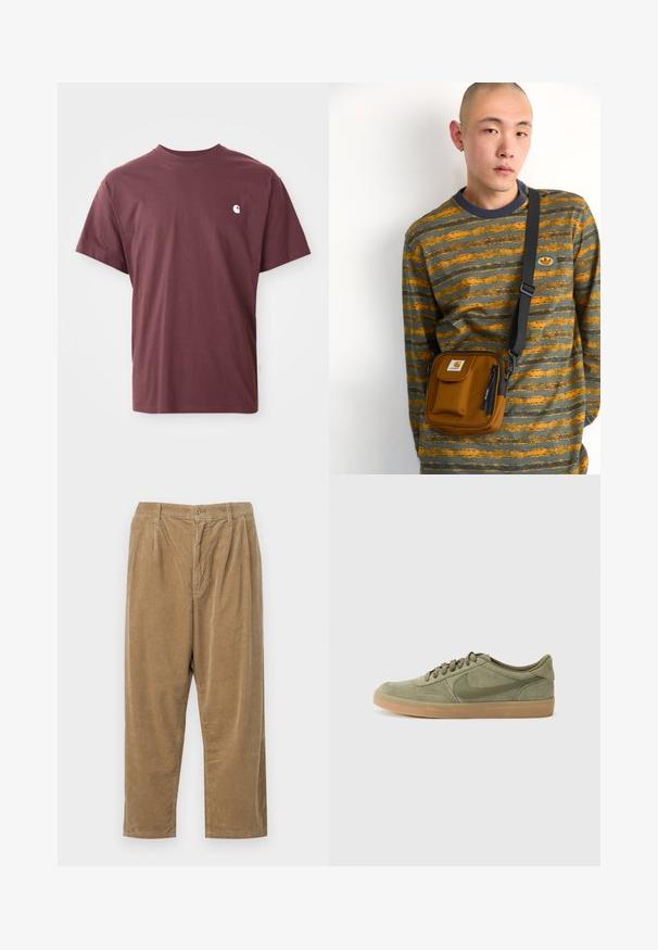 Βουργουνδίζα βαμβακερή μπλούζα με κοντά μανίκια, στρογγυλή λαιμόκοψη και ένα μικρό λευκό λογότυπο στο αριστερό στήθος. Απαλή υφή, άνετη εφαρμογή.; Σαλονάρια σε ανοιχτό καφέ χρώμα με υφή ραβδωτού σχεδίου, που διαθέτουν κούμπωμα με κουμπί και άνετη εφαρμογή.; Πράσινο σουέντ αθλητικό παπούτσι με καουτσούκ σόλα σε γκρι χρώμα, στρογγυλή μύτη και σχέδιο με κορδόνια. Διαθέτει το υπογραφή λογότυπο της Nike σε πιο σκούρο πράσινο.; Καφέ υφασμάτινη τσάντα χιαστί με φερμουάρ και μπροστινή τσέπη; φορεμένη πάνω από ένα γκρι και πορτοκαλί ριγέ μακρυμάνικο πουκάμισο με λογότυπο.
