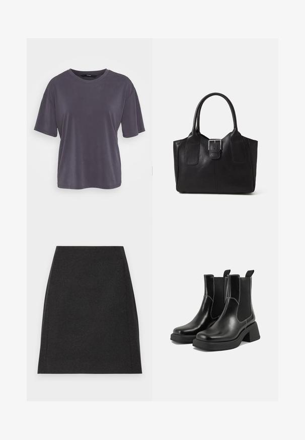 Siva majica s kratkimi rokavi in sproščenim krojem, okroglim ovratnikom, gladko teksturo in preprostim dizajnom. Ni vidnih vzorcev ali okraskov.; Črna volnena mini krila s pravim silhueto, gladko teksturo in subtilnimi stranskimi šivi. Brez vidnih zapiranj ali vzorcev.; Črne usnjene Chelsea škornje s širokim petami, elastičnimi stranskimi ploščami in kontrastnim belim šivanjem. Teksturirana površina.; Črna usnjena torba s gladko teksturo, strukturirano obliko, dvema ročkama in izrazitim srebrnim sponko na sprednji strani.