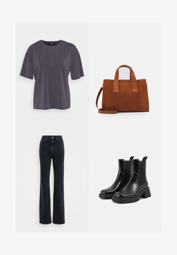 Hallide lühikeste varrukatega t-särk, millel on lõtv istuvus, ümar kaelus, sile tekstuur ja lihtne disain. Mitte mingeid mustreid ega kaunistusi ei ole nähtaval.; Kõrge vöökohaga mustad teksapüksid sirge lõikega, nähtava õmblusega, viie taskuga ja metallist nööpkinnihitriga vöökohtades.; Must musta Chelsea saapad, millel on paks konts, elastsed külgpaneelid ja kontrastne valge õmblus. Tekstuuriga viimistlus.; Pruun suede käekott kahte ülemist käepidet ja reguleeritavat õlarihma. Omab struktureeritud kuju ja minimalistlikku disaini.