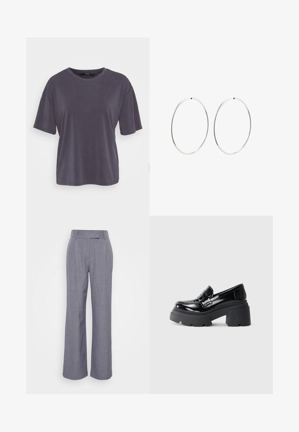 Sivý tričko s krátkym rukávom s voľným strihom, okrúhlym výstrihom, hladkou textúrou a jednoduchým dizajnom. Žiadne vzory ani ozdoby nie sú viditeľné.; Sivé široké nohavice vyrobené z textúrovanej tkaniny. Majú plochý pás s pútkami na opasok a predné záhyby pre dodatočný detail.; Čierne lakované kožené platformové loafers so robustnou gumovou podrážkou, s prednou časťou v štýle mokasín a širokým pásikom na hornej strane.; Strieborné kruhové náušnice s hladkým, okrúhlym dizajnom a lesklým povrchom. Sú tenké a ľahké, s jednoduchým uzáverom.
