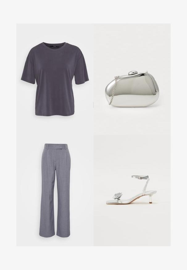 Pilkos spalvos trumpomis rankovėmis marškinėliai su laisvu siluetu, apvaliu kaklu, glotnia tekstūra ir paprastu dizainu. Nėra matomų raštų ar puošmenų.; Pilkos pločio kojos kelnės, pagamintos iš tekstūruoto audinio. Turi plokščią juosmenį su dirželių kilpomis ir priekinėmis raukšlėmis, kad būtų pridėta detalizacija.; Sidabrinė metalinė sandalų pora su žemu kulnu, kulkšnies dirželiu ir gėlių akcentu ant pirštų dirželio; lygus paviršius ir elegantiškas dizainas pagerina jos išvaizdą.; Sidabrinė metalinė rankinė su apvalia, lygia forma. Yra užsegimo sistema ir nuimama grandinėlė. Atsispindintis paviršius be raštų.