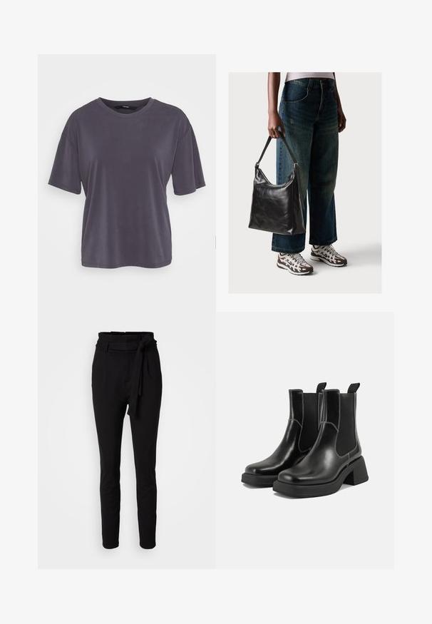 Camiseta cinza de manga curta com um corte confortável, gola redonda, textura suave e design simples. Sem padrões ou adornos visíveis.; Calças pretas com uma cintura alta e detalhe de cinto amarrado. Feitas de um tecido suave, apresentam uma textura lisa e um design de perna afunilada.; Botas Chelsea em couro preto com um salto grosso, painéis laterais elásticos e costura branca em contraste. Acabamento texturizado.; Bolsa de ombro em couro preto com textura suave e alça ajustável, combinada com jeans de perna larga desbotados e ténis desportivos.