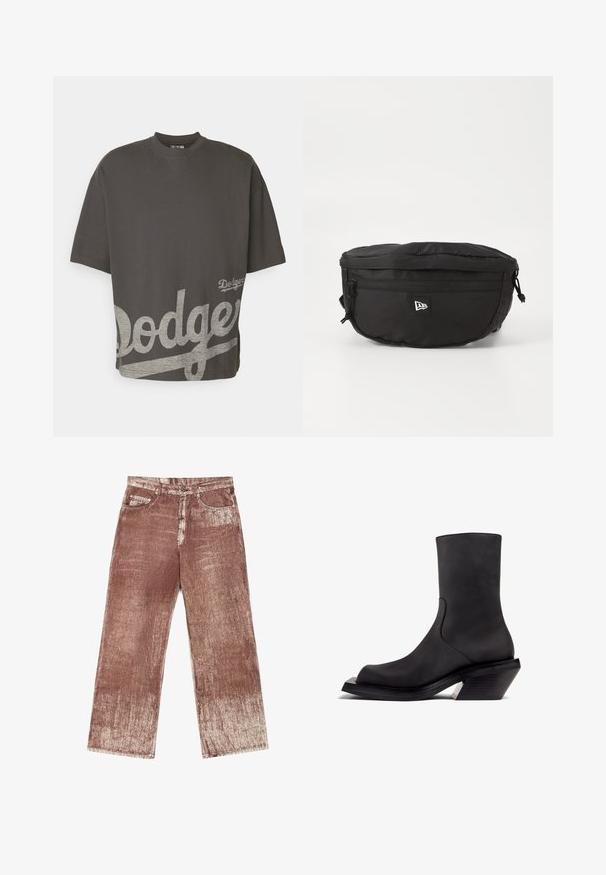 New Era MLB LOS ANGELES DODGERS OVERSIZED T-SHIRT - T-Shirt sport - black; I jeans in denim marrone presentano un design testurizzato a gradiente con sbiaditure più chiare. Inclusi quattro tasche e accenti in metallo argentato.; Bottino nero in pelle con punta arrotondata, texture liscia e design con tacco spesso. Presenta un accento argentato sul tacco.; Marsupio nero realizzato in nylon; dotato di una tasca con zip frontale, strap regolabile e una patch con logo. Forma arrotondata con una texture liscia.