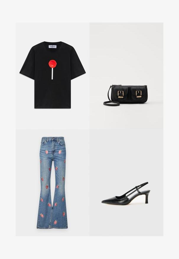 T-shirt noir à manches courtes avec un motif de sucette rouge centré, un bâton blanc en dessous, et une étiquette de marque Fiorucci à l'intérieur du col.; Jean flare en denim bleu clair, avec des broderies de fraises rouges sur l'ensemble. Taille haute avec un design traditionnel à cinq poches.; Escarpin slingback en vernis noir avec un bout pointu, présentant un imprimé serpent texturé, une sangle réglable et un petit talon bloc texturé.; Sac en cuir noir porté en travers avec deux poches avant, boucles dorées, fermeture zippée et une sangle fine. Surface texturée et forme rectangulaire compacte.