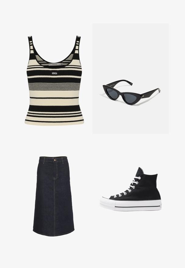 Canotta a righe nera e crema con un design aderente, caratterizzata da spesse righe orizzontali e un logo centrato sulla parte anteriore. Morbido tessuto a maglia.; Gonna midi in denim scuro con silhouette dritta, dotata di chiusura con bottoni frontali e cuciture gialle a contrasto.; Sneaker alta nera in tela con occhielli e lacci bianchi e suola in gomma. Presenta un punta testurizzata e accenti a strisce bianche e nere.; Occhiali da sole a forma di occhio di gatto con una montatura in plastica nera lucida, lenti scure e dettagli in oro sulle tempie. Design angolare con linee eleganti.; Even&Odd Shopping bag - black