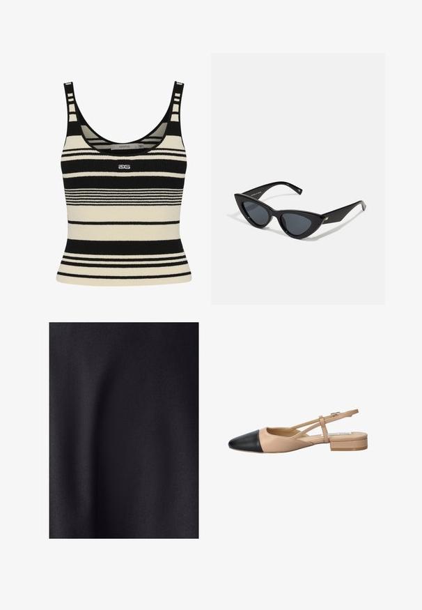 Černo-krémový pruhovaný tílko s přiléhavým střihem, které má silné horizontální pruhy a logo umístěné na přední straně. Měkká pletená textura.; Černá látka se hladkým matným povrchem. Povrch má mírný lesk, který ukazuje jemné tkaní a bez viditelných vzorů nebo akcentů.; Beige a černé dvoubarevné slingback boty s špičatou špičkou, plochým podpatkem a křížovými popruhy. Hladká kožená textura.; Brýle ve tvaru kočičích očí s lesklým černým plastovým rámem, tmavými skly a zlatými akcenty na spáncích. Úhlový design s hladkými liniemi.; Černá kožená kabelka s texturovaným povrchem, vybavená dvěma horními uchy, odnímatelným ramenním popruhem a stříbrným detailem s uzávěrem.