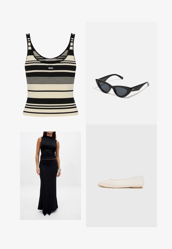 Débardeur noir et crème rayé avec un design ajusté, présentant de larges rayures horizontales et un logo centré sur le devant. Texture en tricot douce.; Haut noir sans manches avec un col montant, associé à une jupe maxi noire ajustée. Les deux vêtements sont fabriqués en tissu lisse et ne présentent aucun motif.; Chaussure plate blanche avec un design en maille, un bout pointu et une semelle basse et plate. Tige texturée avec une doublure lisse et une bordure de contraste subtile.; Lunettes de soleil en forme d'œil de chat avec une monture en plastique noir brillant, des verres foncés et des détails dorés sur les branches. Design angulaire avec des lignes épurées.; Sac en cuir marron de style hobo avec une forme arrondie, mettant en avant un accent en métal doré et des coutures contrastantes. Assorti à une chemise en denim et un jean.