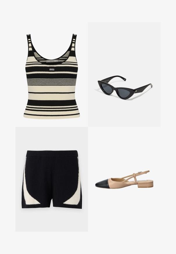 Canotta a righe nera e crema con un design aderente, caratterizzata da spesse righe orizzontali e un logo centrato sulla parte anteriore. Morbido tessuto a maglia.; Pantaloni corti in maglia neri con motivi geometrici a contrasto crema sui lati. Presentano un bordo in costina e una texture morbida.; Scarpa slingback bicolore beige e nera con punta affilata, tacco piatto e dettaglio a fascia incrociata. Texture in pelle liscia.; Occhiali da sole a forma di occhio di gatto con una montatura in plastica nera lucida, lenti scure e dettagli in oro sulle tempie. Design angolare con linee eleganti.