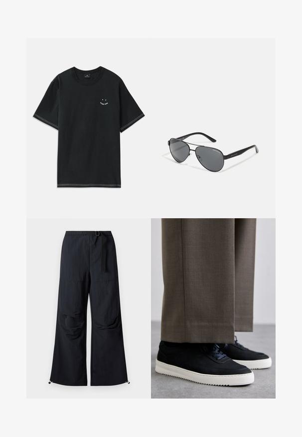 Fekete pamut póló rövid ujjakkal, kerek nyakkivágással és fehér varrási részletekkel. A mellkason egy kis grafika található.; Fekete, bő szárú nadrág, könnyű anyagból készülve, övvel a deréknál, elülső zsebekkel és állítható szárakkal, amelyeken togglek találhatók.; Fekete velúr sportcipők fehér gumitalppal, kerek orrú, fűzős kialakítással, szürke, szabott nadrággal párosítva.; Fekete pilóta napszemüveg sötét lencsékkel, vékony fém kerettel és karcsú műanyag karokkal, melyeken logó díszítések találhatók.