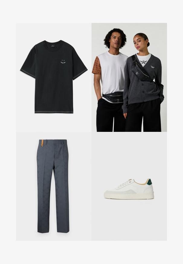 Schwarzes Baumwoll-T-Shirt mit kurzen Ärmeln, runder Ausschnitt und weißen Nähten. Enthält ein kleines grafisches Motiv auf der Brust.; Grau gemusterte Hose mit glatter Textur, mit flacher Vorderseite und einem braunen Lederrand am Bund. Maßgeschneiderte Passform mit geraden Beinen.; Weiße Sneaker mit Wildlederelementen, runder Zehenpartie, flachen Schnürsenkeln und einer cremefarbenen Gummisohle. Mit grünen Markenlogo am Fersenbereich.; Mann und Frau stehen nebeneinander, tragen schwarze Hosen, weiße Oberteile und schwarze Umhängetaschen vor einem schlichten hellen Hintergrund.