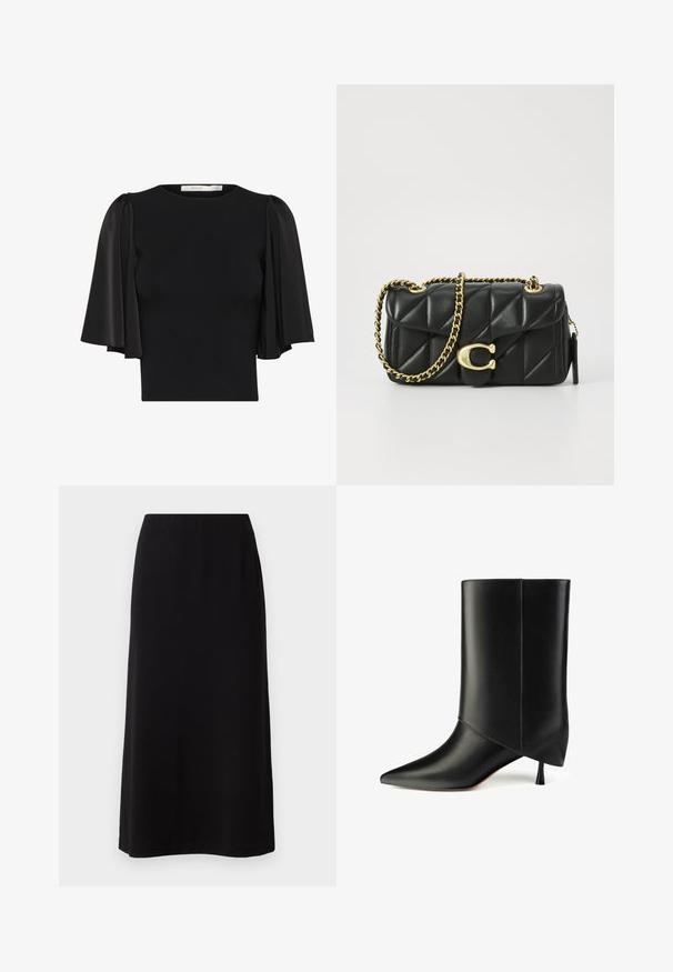 Musthave mustahuvi mustavärvi lühikeste puhv-särkide varrukatega, läbipaistvast kangast, ümmarguse kaelaauguga ja keha sööbiva lõikega. Pehme tekstuur ja sile viimistlus.; Mustmustükk must maksiseeliku riie, millel on sile ja pehme tekstuur ning elastne vöökoht. Lihtne, sirge lõige ilma nähtavate mustrite või kaunistusteta.; Mustad musta nahast pahkluu saapad, millel on terav nina, ainulaadne volditud disain ja väike koonusjas konts. Sile tekstuur, millel on minimaalne detailide hulk.; Mustad kootud nahast käsitasku, millel on kuldne ahelaga rihm ja klambri sulgemine, millel on ringikujuline aksessuaar. Kompaktne ristkülikukujuline kuju.