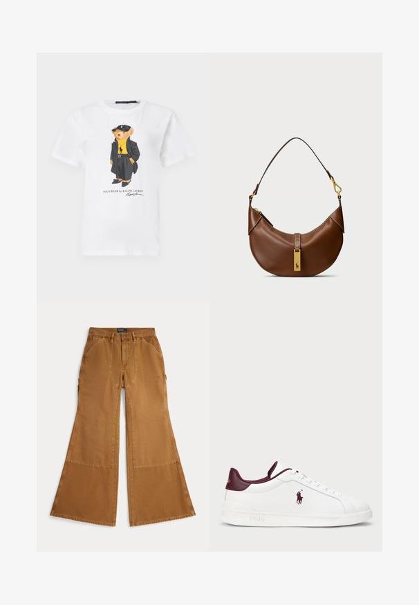 Fehér pamut póló, amelyen egy fekete kabátot és sapkát viselő mesebeli medve látható, sárga garbóval és fekete cipővel. A szöveg: "Polo Bear by Ralph Lauren".; Barna, bő szárú pamutnadrág, foltrészletekkel, gombos záródással és ferde zsebekkel az elején. Simogató tapintású, laza kialakítású.; Fehér bőr sportcipő bordó részletekkel, kerek orr, dombornyomott logó és lapos fűzők. Texturált talp és sima felületű részletek.; Barna bőr válltáska ívelt formával, arany kiegészítőkkel, felső zár részlettel és logóval díszítve. Simább textúra és varrott szélek.