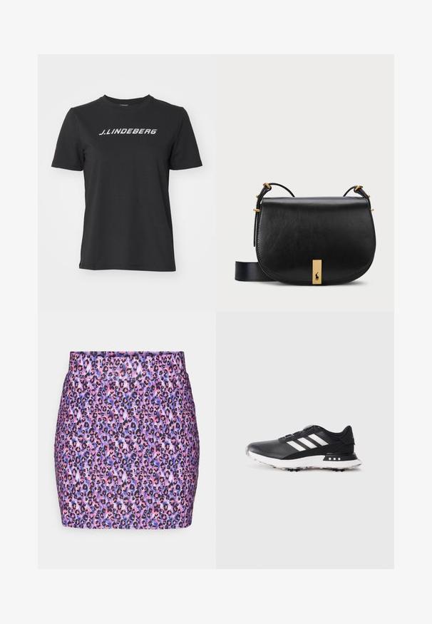 T-shirt de algodão preto com um logótipo branco "J.Lindberg" no peito. Mangas curtas, decote redondo e um corte padrão.; Mini saia de padrão de leopardo em roxo, rosa e preto; textura suave com um design justo e uma barra reta. Sem hardware ou detalhes visíveis.; Sapatilha desportiva preta com riscas brancas, parte superior texturizada, bico redondo e sola de borracha branca com pequenas pontas para tração.; Bolsa cruzada em couro preto com um detalhe em metal dourado e correia ajustável, apresentando uma textura lisa e forma curvada.