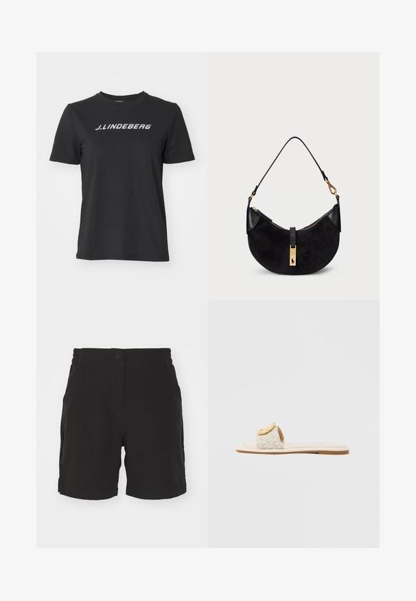 Melnas kokvilnas T-krekls ar baltu logo "J.Lindberg" uz krūtīm. Īsas piedurknes, apaļa kakla izgriezums un standarta piegriezums.; Melnas šortas, kas izgatavoti no gludas auduma, ar pogu aizdari, elastīgu jostasvietu un sānu kabatām. Taisna griezuma ar apdari apakšā.; Slaidu sandalēm ar bēša krāsas siksniņu ar ģeometrisku rakstu, apaļu dzeltenu akcentu augšējā daļā un platu, gaišu zoli.; Melnā rokas soma ar izliekta formu, izgatavota no zamšādas un ādas, ar zelta toņa rāvējslēdzēju un logo detaļu. Iekļauta īsā rokturi.