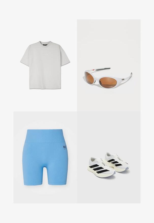 T-shirt de manga curta, cinza claro, em mistura de algodão com decote redondo. Apresenta um logo embossed discreto na frente. Ajuste relaxado.; Calções de bicicleta azul claro feitos de um tecido elástico, com uma cintura canelada e um pequeno logótipo preto de um lado.; Ténis brancos de desporto com riscas e marcação pretas, apresentando um cabedal em malha, bico arredondado e sola espessa em creme para amortecimento.; Óculos de sol brancos com lentes castanhas, de forma oval, feitos de plástico suave, apresentando detalhes cinzas nas hastes e um logótipo na armação.