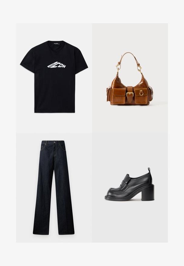 Čierne bavlnené tričko s krátkymi rukávmi a okrúhlym výstrihom. Na prednej strane je biele grafické logo "DSQUARED2 CDN".; Široké nohavice z tmavej denimu s uzáverom na gombíkmi, prednými vreckami, kontrastným prešívaním a čistou, hladkou textúrou.; Čierne kožené topánky na podpätku s okrúhlou špičkou, výrazným pásom cez priehlavok a robustným podpätkom. Hladká textúra s minimálnym prešitím.; Hnedá kožená kabelka s zakriveným tvarom, dvojitým zlatým kovovým doplnkom, dvoma prednými vreckami a širokým popruhom. Hladká textúra s elegantným vzhľadom.