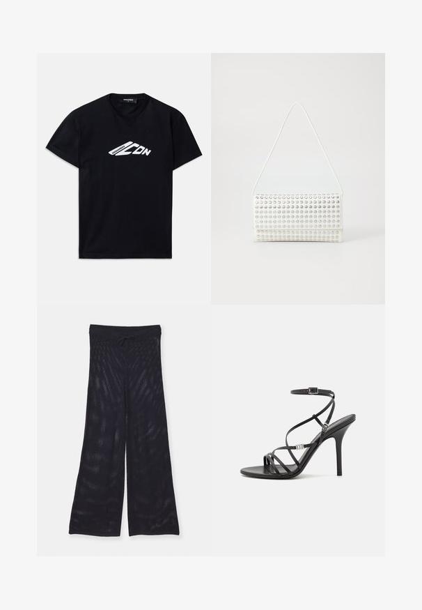 Black cotton t-shirt with short sleeves and a crew neckline. Features a white graphic logo “DSQUARED2 CDN” on the front.; Black, loose-fitting, wide-leg pants made of a breathable mesh fabric. Features an elastic waistband with a drawstring for adjustment.; Black high-heeled sandal with thin straps, an ankle buckle, a smooth leather surface, and a slender stiletto heel.; White handbag with a rounded shape, featuring a textured surface of silver studs. It has a thin shoulder strap and a sleek closure.
