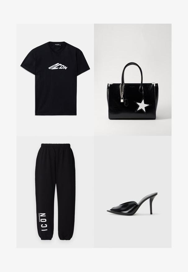 Schwarzes Baumwoll-T-Shirt mit kurzen Ärmeln und runder Ausschnitt. Auf der Vorderseite befindet sich ein weißes grafisches Logo "DSQUARED2 CDN".; DSQUARED2 ICON ICON - Jogginghose - black; Schwarze Leder-High-Heels mit offener Zehenpartie, spitzem Design, glatter Textur und schmalem Stiletto-Absatz.; Schwarze Handtasche aus lackiertem Leder mit eleganter Form. Mit silberner Kettenhardware, einem Schloss und einem weißen Sternelement an der Seite.
