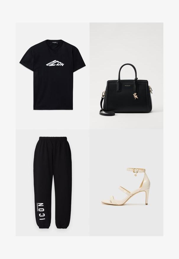 Svart bomull t-skjorte med korte ermer og rund hals. Har et hvitt grafisk logo "DSQUARED2 CDN" på forsiden.; DSQUARED2 ICON ICON - Joggebukse - black; Beige høyhælte sandaler med tynn ankelstropp og to stropper over. Glanset lakkfinish og detaljer i gull på ankelstroppen.; Svart skinnhåndveske med strukturert design, doble topphåndtak, avtakbar skulderrem, gullfarget hardware og en logo-detalj.