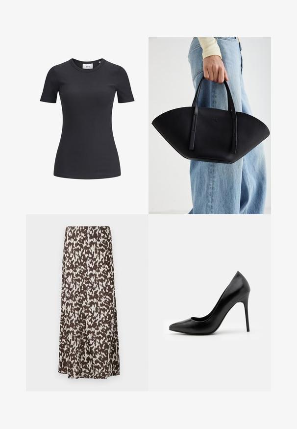 Tricou negru cu mânecă scurtă, cu decolteu rotund. Fabricat dintr-un material moale și elastic, cu o textură subtilă și o siluetă ajustată.; Fustă maro cu un model abstract alb, având un design fluid și o textură netedă, care se extinde până la jumătatea gambei.; Pantofi cu toc înalt din piele neagră, cu vârf ascuțit și textură netedă. Au un toc stiletto subțire și un design cu vamp scăzut.; Geantă de piele neagră cu o formă unică de evantai, având mânere plate. Suprafața are o textură cu mici granule și un design minimalist.