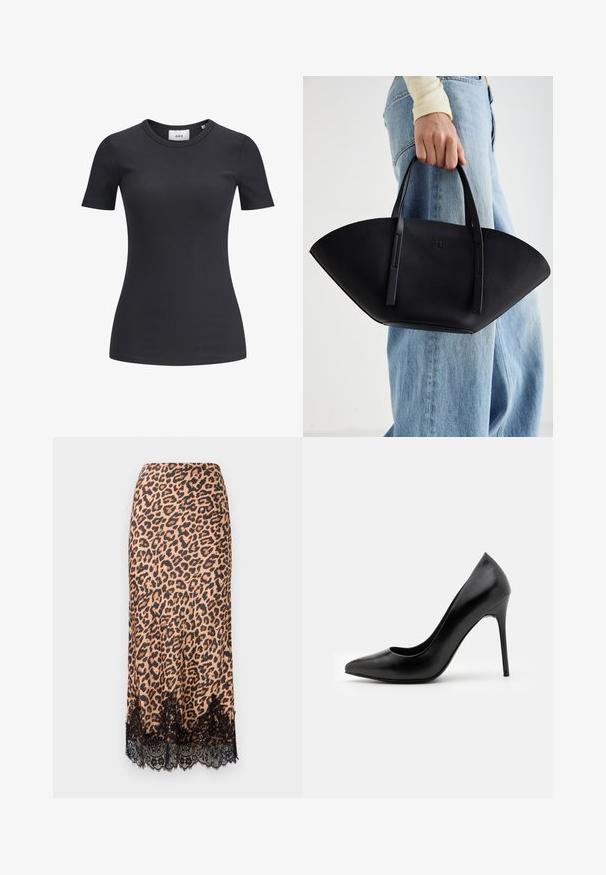 Mustan raidallisen lyhythihaisen t-paidan pyöreä pääntie. Valmistettu pehmeästä, joustavasta kankaasta, jossa on hieno rakenne ja vartalonmyötäinen siluetti.; Midi-hame leopardo, valmistettu sileästä kankaasta, jossa on musta pitsireunus, A-linjainen malli ja istuva vyötärö.; Musta nahkainen korkokenkä, jossa on terävä kärki ja sileä pinta. Varustettu kapealla stiletto-kannalla ja matalalla vampirakenteella.; Musta nahkainen käsilaukku, jossa on ainutlaatuinen tuulihattukuvio, jossa on litteät kahvat. Pinnassa on karkeapintainen rakenne ja minimalistinen muotoilu.