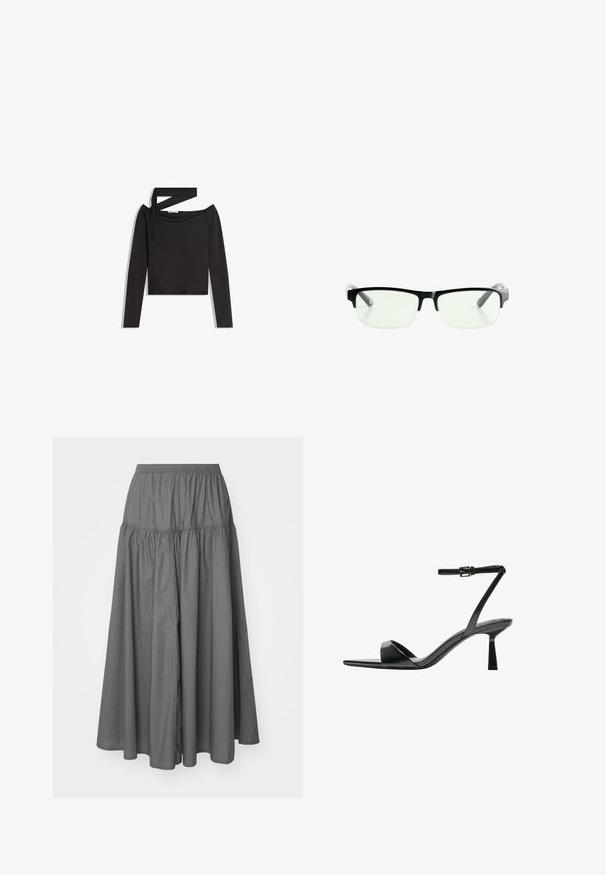 Crop top noir à manches longues avec un design décolleté et un détail de bretelle asymétrique sur un côté.; Weekday SKIRT - Jupe longue - dark mole; Bershka Sandales à talons hauts - black; Lunettes noires rectangulaires avec des verres transparents, présentant des montures noires élégantes et des embouts de branches transparents gris. Design minimaliste, sans marquage visible.; Sac en cuir marron à bandoulière avec des bords arrondis, fermeture à rabat magnétique et quincaillerie dorée. Sangle ajustable pour plus de polyvalence.