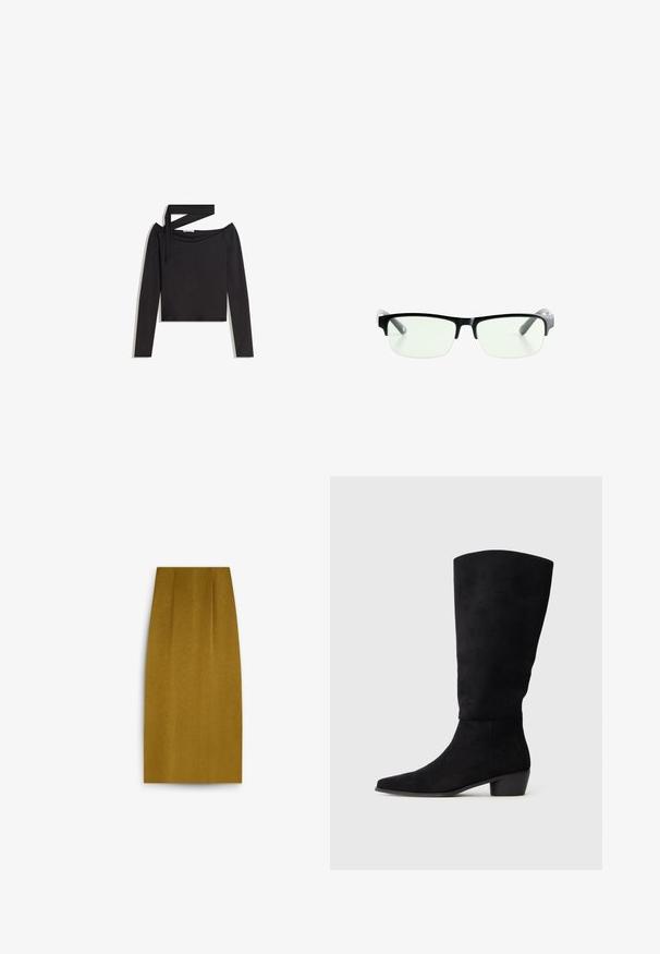 Zwarte lange mouwen crop top met off-shoulder ontwerp en een asymmetrisch banddetail aan één kant.; Knie-lange mosterdgele kokerrok met een gladde textuur, voorzien van een rechte silhouet en subtiele plooien aan de voorkant.; Zwarte suede kniehoge laars met een lage blokhak en een spitse neus, weergegeven in zijaanzicht op een effen lichtgrijze achtergrond.; Zwarte rechthoekige bril met heldere glazen, uitgerust met slanke zwarte monturen en grijs transparante pootjes. Minimalistisch ontwerp, geen zichtbare merknaam.; PULL&BEAR Handtas - black