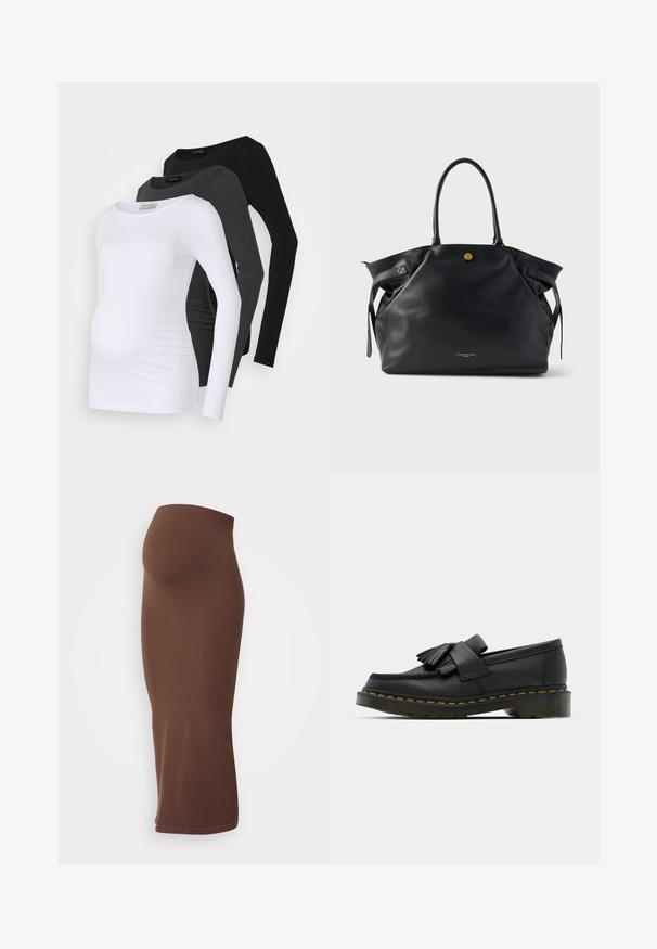 Tre magliette premaman a maniche lunghe in bianco, carbone e nero. Realizzate in un morbido tessuto con una finitura liscia e dettagli arricciati sui lati per il comfort.; Gonna midi a coste marrone con vita elastica, caratterizzata da una silhouette aderente e una texture liscia. Non sono visibili motivi o accenti distintivi.; Mocassini in pelle nera con punta arrotondata, dotati di un dettaglio frangiato e una fascia decorativa sulla parte anteriore, poggiati su un tacco spesso.; Borsa tote in pelle nera con superficie testurizzata, finiture dorate e due manici arrotondati. Presenta una chiusura sicura e un branding minimale.